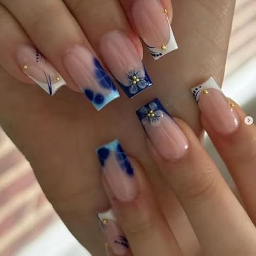 MouyouGlow Press on Nails Middle Lang,Square 3D Blau Blumen Floral French Nude Base Gold Beads Design Fake Nails,Blue Tips Flower Natural Sommer INS Artificial Künstliche Fingernägel