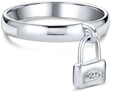 Dangle Charm Pad Lock Ring For Women Girlfriend .925 Sterling Silver Polished 1MM Band