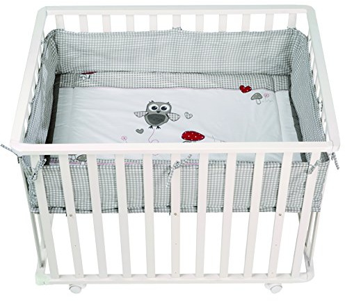 roba Laufgitter 'Adam & Eule', Laufstall 75x100 cm, sicheres Spielgitter inkl. Schutzeinlage und Rollen, Baby Krabbelgitter, Holz weiß, 1er Pack
