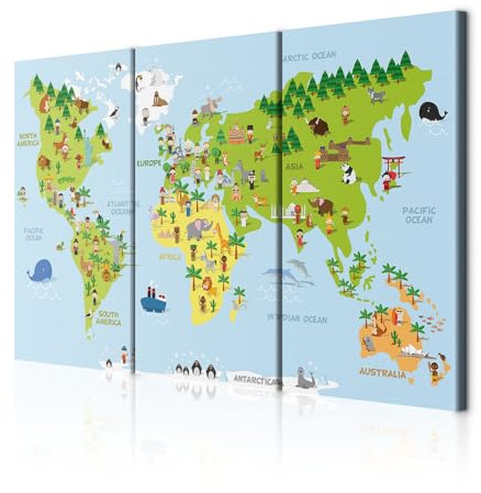 decomonkey Wandbilder Weltkarte 120x80 cm 3 Teilig Wandbild Groß Wohnzimmer | Leinwandbild XXL, Deko, Schlafzimmer, Büro, Wanddeko, Leinwand, Pictures For Wall, Poster, Wall Painting, Tiere, Kinderzimmer