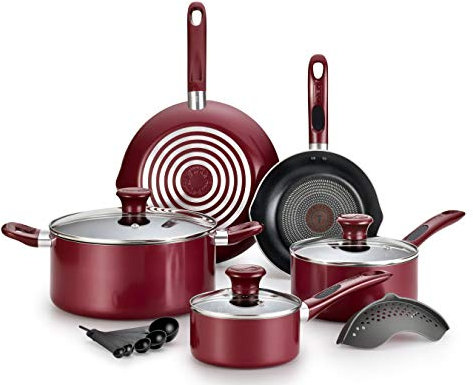 Tefal 32406062016 T-FAL B039SE Excite ProGlide Nonstick Thermo-Spot Heat Indicator Dishwasher Oven Safe Cookware Set, 14-Piece, Red, Aluminum