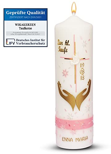 Taufkerze Mädchen Rosa, zu Taufe, Kommunionkerze, Taufkerze Rosa Blumen, Hände mit Taube, modern, individuell, Taufgeschenke kostenlose Beschriftung 25x8cm Kerze zur Taufe