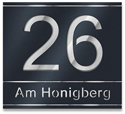 Metzler Hausnummer Edelstahl, individuelles Hausnummernschild in Anthrazit mit ausgelaserter Hausnummer und Straßenname. Rostfrei, 3D-Effekt, inkl. Beschriftung, Made in Germany, Größe: 21,5 x 19 cm