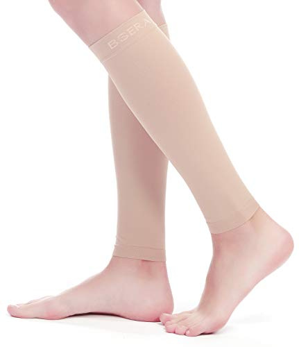 BSERA Calf Compression Sleeve Women, 2 Pairs 15-20mmHg Calf Support Footless Compression Socks Stockings for Shin Splints, Varicose Veins, Recovery (Nude/Skin, Small)