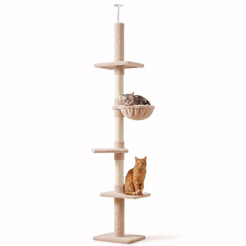 PawHut klösträd, takhög, höjd 230–260 cm, kattträd med sisalstammar, plattformar, kattklösträd, klätterträd för små och stora katter, beige