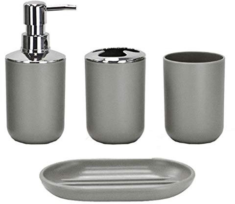 Icegrey - Juego de Accesorios de baño de diseño Moderno de 6 Piezas, Botellas de loción, Soporte para Cepillo de Dientes, Taza para Dientes, jabonera, Cepillo de baño, Bote de Basura - Gris-Cuatro