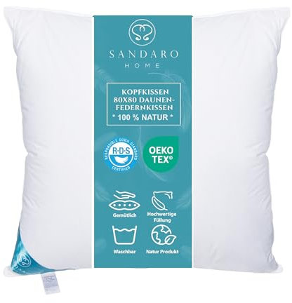 Sandaro Home Kopfkissen 80x80 Daunen-Federn | 3 Kammern Premium Qualität Daunenfedernkissen 80 x 80 cm,100% Natur Bezug Baumwolle, Ultra-Komfort-Schlaf-Kissen, Öko-Tex Zertifiziert (1600Gramm)