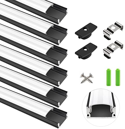 LightingWill 6-pack LED aluminiumprofil, 1,0 m LED aluminiumkanal svart U-formad LED-diffusor med mjölkvitt skydd, ändlock och monteringsklämmor för LED-lysrör