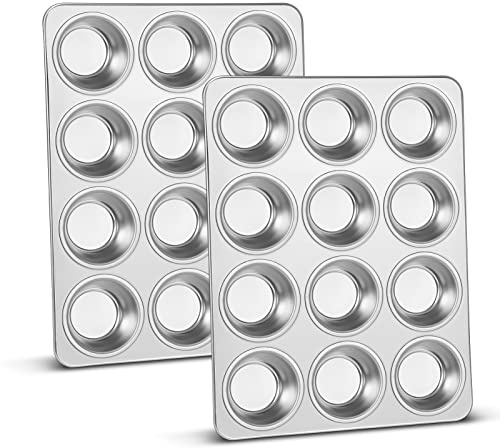 TEAMFAR Muffinform, Edelstahl Muffinblech für 12 Muffins Kuchenform 2er Set | 3cm tief Muffinbackformen, Kuchenform Groß für Cupcakes Brownies Kuchen Pudding, Ungiftige Beschichtung, Spülmaschinenfest