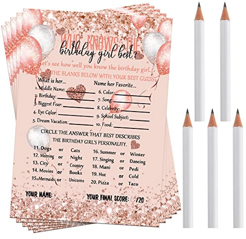 Leinuosen Who Knows The Birthday Girl Best Card 50 Pcs Birthday Party Game Set Girly Pink Rose Gold Sprinkles Themed Cards with 10 Pre Pointed Pencils for Teen Sweet Sleepover Party
