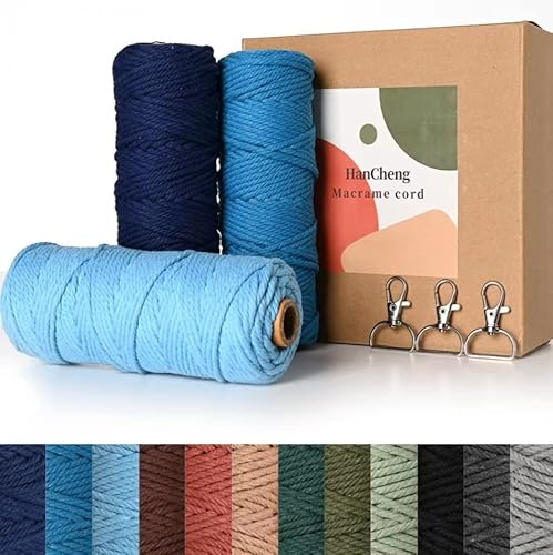 HanCheng 60m x 3mm Makramee Garn Bunt Farbverlauf 3er Set,Farbig Makramee Set mit 3 Schlüsselanhänger—Farbverlauf Blau:(DunkelBlau,Seeblau,Hellblau)