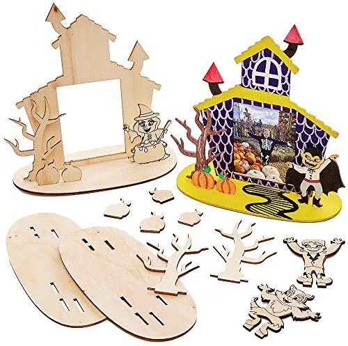 Baker Ross FX187 Spukhaus Holz Bemalen-4er Pack, Halloween Bilderrahmen für Kinder zum Bemalen und Ausstellen