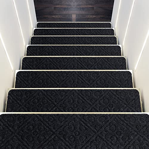 GOPLUS Lot de 15 Marchettes d’Escalier avec Surface Antidérapante, Tapis d’Escalier Antidérapant avec Design à Plusieurs Couches, Tapis de Sécurité, pour Enfants, Personnes Âgées, 76X20CM (Gris)
