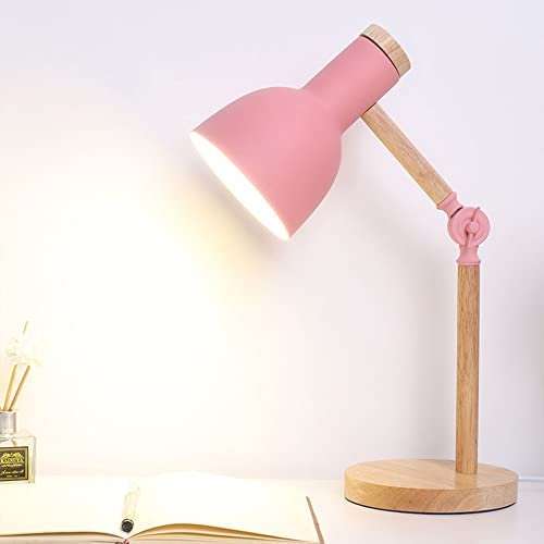 E27 Holz Tischleuchte Verstellbarer Kopf Schreibtischlampen Einfache Vintage Büro Studieren Leseleuchte Retro Kinder Lernlampe Schlafzimmer Arbeitszimmer Nachttischlampe Tischbeleuchtung (Rosa)