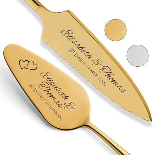 SMARTEON Let's Eat Cake Cake-Server Set mit Tortenmesser und Personalisierter Gravur – Hochzeitsgeschenke für Brautpaar, Geburtstag, Jubiläum, Geschenkidee für Paare – Goldfarbenes Set in Geschenkbox