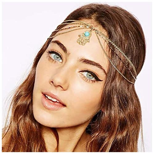Inateannal Boho Geschichtet Quaste Kopfkette Gold Hamsa Hand Haarkette Stirnband Vintage Türkis Anhänger Stirnband Kette Prom Party Festival Kopf Kette Schmuck Für Frauen Und Mädchen