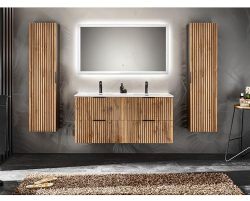 Lomadox Badezimmer Komplett Set Doppelwaschtisch 121 cm Keramik Waschbecken 2 Hochschränke Spiegel Beleuchtung anthrazit mit Eiche Nb. schwarz Rillen MDF Fronten