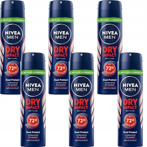 NIVEA MEN Dry Impact Deodorante spray in confezione da 6 x 150 ml, Deodorante uomo spray antitraspirante per 72h di protezione, Con Formula Dual Protect e senza alcol per un'azione delicata