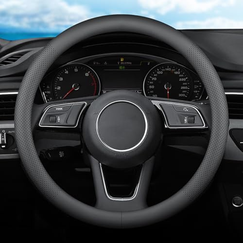 XHRING Car Steering Wheel Cover for Ford Fusion Mustang Bronco/Bronco Sport Ranger Maverick Edge Explorer Escape Focus Ecosport Transit Connect Fiesta Taurus Flex Accessories, Black Leather 14 1/2-15