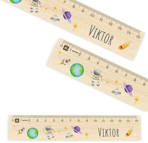 Lineal personalisiert für Kinder 15cm aus Holz - UV-Druck- Lineal mit Namen - Geschenke für die Einschulung und Schulstart - Geschenkideen Schultüte - Schulbedarf Junge/Mädchen - Astronaut