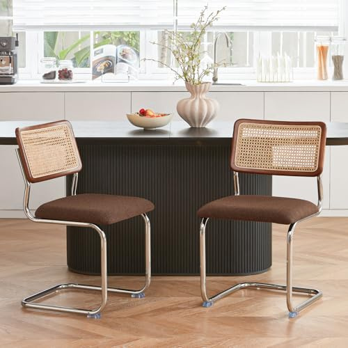 GrandNoor Rattan Dining Chairs Set, Wooden Mid Century Modern Dining Room Chairs, Mesh Back Cane Kitchen Chair, Cesca Design Chairs with Metal Chrome Legs (Brown, 2PCS Dining Chairs)