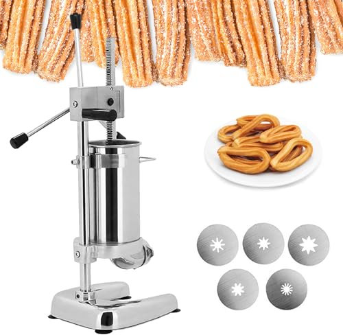 Aredwhiterui 2L/3L Macchina per Churro Manuale con 5 Ugelli, Macchina per Ciambelle alla Frutta Latina in Acciaio Inox, Macchina per Churro Commerciale per Ristoranti, Caffetterie, Panetterie,2L
