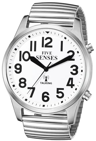 FIVE SENSES English Atomic Jumbo Size (43mm /1.75in) Metal Talking Watch with Loud Alarm Clock for Visually impaired, Elderly Person 1523 (White)