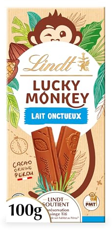 Lindt Tablette LUCKY MONKEY Chocolat Lait Onctueux 100g | Chocolat Lait • Format barre • Tablette • Onctueux • Gourmand • Moment de plaisir.
