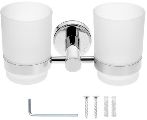 QWORK Wall Mounted Toothbrush Holder with 2 Mouthwash Cup, 304 Stainless Steel