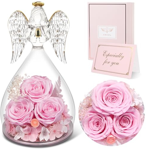 Sunia Ewige Rose Engel Geschenke für Mama,3 Ewige Rose im Glas Engel,Infinity Rose Geschenke für Frauen,Geburtstagsgeschenk für Frauen Mutter Oma, Geschenk Valentinstag Muttertag