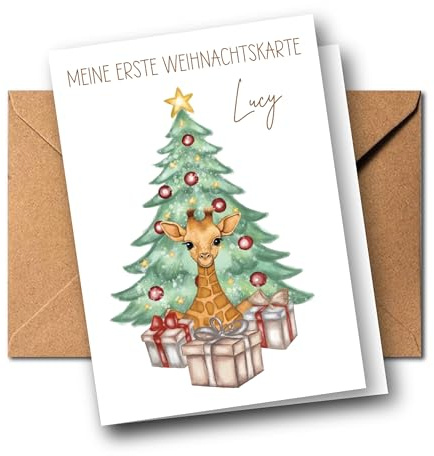 Meine Erste Weihnachtskarte personalisiert für Baby´s 1. Weihnachten – Niedliche Tiermotive –Weihnachtsgrußkarte mit Name für Babys | DIN A6 Faltkarte (Giraffe)