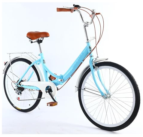 VHVYWY 26 Zoll Damen Cityrad, Faltrad für Erwachsene, 7 Gang Schaltung Klappfahrrad mit Variabler Geschwindigkeit Stadtrad mit Rücklicht und Autokorb Blue