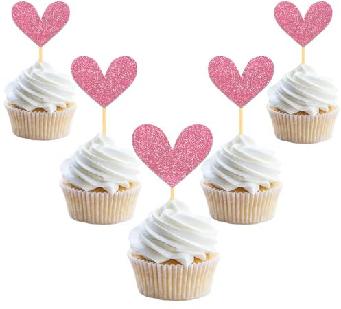 24 Pièces Décoration de Gâteau Coeur Brillante Cupcake Topper, Décoration Saint Valentin Cake Topper, Gâteau Deco non Comestible pour Saint Valentin Mariage Anniversaire Fête (Rose Tendre)