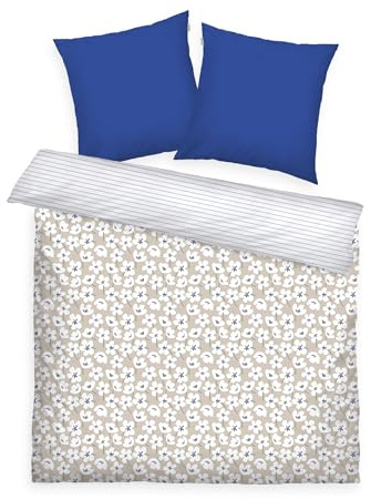 Tom Tailor Renforcé-Bettwäsche, 2 * 80x80 + 200x220 cm, 100% Baumwolle/Renforcé, mit Wendemotiv und farbigem Reißverschluss, Fresh Flowers Blau, Beige (Cobalt & Sunny Sand)