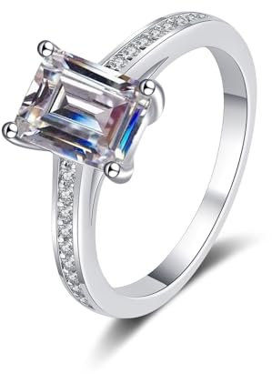 Ring Weißgold Damen 18K, Promise Ring for Women Quadratisch mit 2 Karat Weiß Smaragdschliff Laborgewachsener Diamant Größe 49 (15.6)