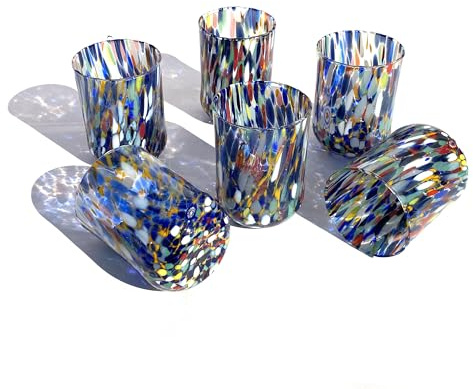 MAZZEGA ART & DESIGN - 6 verres à eau en verre soufflés et travaillés à la main avec Murrine di Murano, ligne « Les couleurs de Murano » 350 ml. Fabriqué en Italie (cylindrique, 6)
