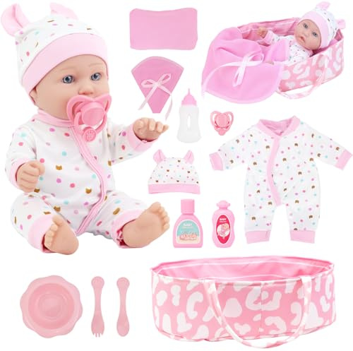ZITA ELEMENT 12″ Baby Doll with Sleeping Carrier Bassinet Bed Set in Gift Box - 13 Piece Soft Baby Doll with Accessories, for Girls Ages 3+