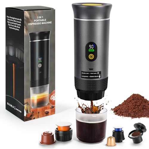 Nsyee 3-in-1 Portable Electric Espresso Machine, with LED Display, Self-Heating, USB-C, Electric Travel Coffee Maker, Compatible with Big&Small Capsules/Ground Coffee, For Camping, RV, Office, Gray
