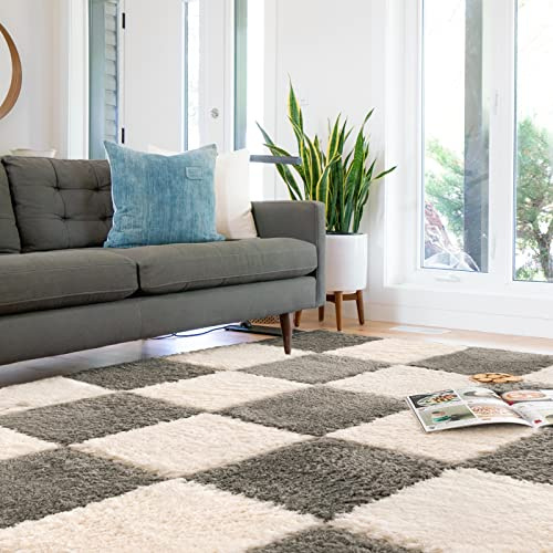 10pcs Carpet Squares Puzzle Floor Mat,30x30cm Plush interlocking Carpet tiles Anti Slip EVA Foam Puzzle rug for kids,Build A Safe Area for Bedroom,floor,Nursery, Playroom (Beige & Grey)