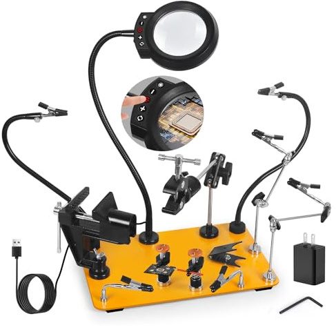 NOEVSBIG Helping Hands Soldering Station with 5X Magnifying Lamp, Magnetic Flexible Arms, 360° Soldering Clamps, Workbench Vise & Large Stable Base, and Helping Hands Clamp for Electronics Repair DIY
