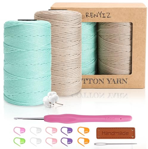 Renyiz Häkelgarn für Taschen 2x250g Makramee Garn Baumwollgarn Mit 3mm Häkeln Baumwolle Zum Häkeln Handwerksprojekte Geeignet für Anfänger Cotton Yarn