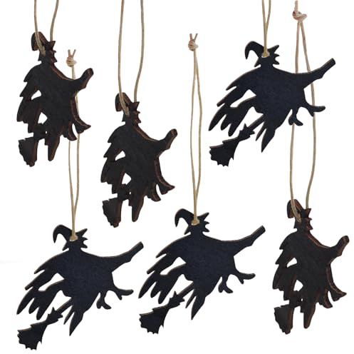Hexen-Anhänger, 6 Stück: Holzanhänger Halloween & Herbst, Herbstdeko, Halloweendeko, Hängedeko Holz Schwarz, Figuren zum Aufhängen Innen, Dekoration Tisch & Fenster, Geschenkanhänger Deko, 6,5 cm