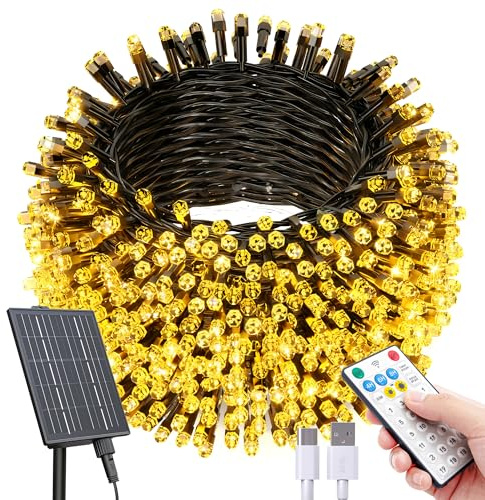 SOLARBABY Luci Natale Esterno Solare, 42m 400 LED Catena Luminosa Esterno Solare Impermeabile con Telecomando,19 Modalità Luci Esterno EnergiaSolare Decorative per Giardino Patio Albero, Bianco Caldo