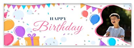 NP-CASER Cartel de feliz cumpleaños personalizado para fiesta, 6 x 2 pies, pancarta de fotos, decoración de banderines para niños, bebés, adultos, póster de globo, celebración, imagen personalizada