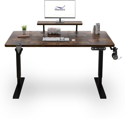 Bluenara – höj- och sänkbart skrivbord elektriskt med LED-display och monitorstativ, 140 x 76 cm ståbord – höjdjusterbart bord för hemmakontor, brunt