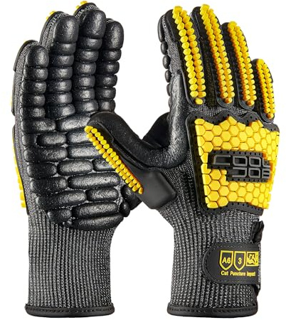 COOLJOB A6 Cut Resistant Anti Vibration Work Gloves Men, TPR Impact Reducing Mittens, Palm Rubber Patch Shock Absorption, M