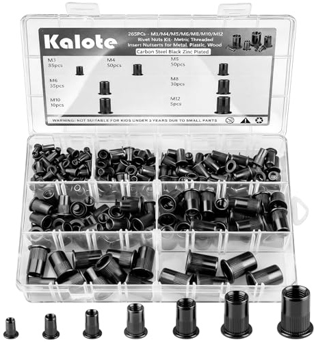 Kalote 265Pcs M3-M12 Black Carbon Steel Rivet Nut Assortment Kit | M3/M4/M5/M6/M8/M10/M12 Metric Threaded Inserts Assortment, Flat Head Rivnuts Nutsert Set for Automotive, Furniture, Boat