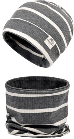 MAKFORT Ribbstickad mössa och snood-set för barn vintermössa och halsvärmare unisex barn kallt väder tillbehör bomull säckig mössa för barn, grå och vit, 2-8 År