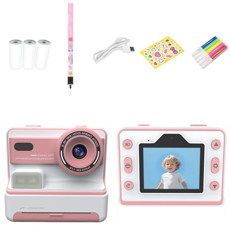 Appareil photo à impression thermique instantanée pour enfants avec lentille avant et arrière de 4800 W avec lumière clignotante intégrée pour jouer toute la journée