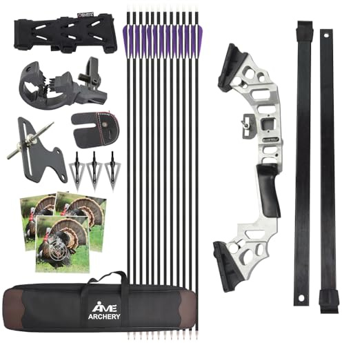 FQH Recurve Bow & Arrow Set for Adults - 30-40LBS Right-Handed | Carbon Arrows Included for Hunting, Outdoor Target & Archery Practice (Silver)